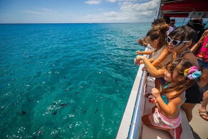 Passengers on a glass-bottom boat looking over the side at turquoise water