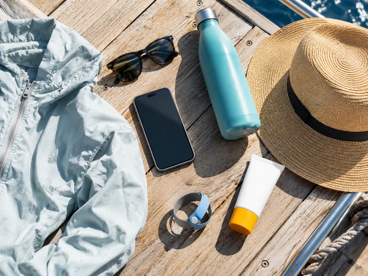 Sonnenbrille, leichte Jacke, Handy, Wasserflasche, Sonnencreme und Sonnenhut auf einem Holzboden
