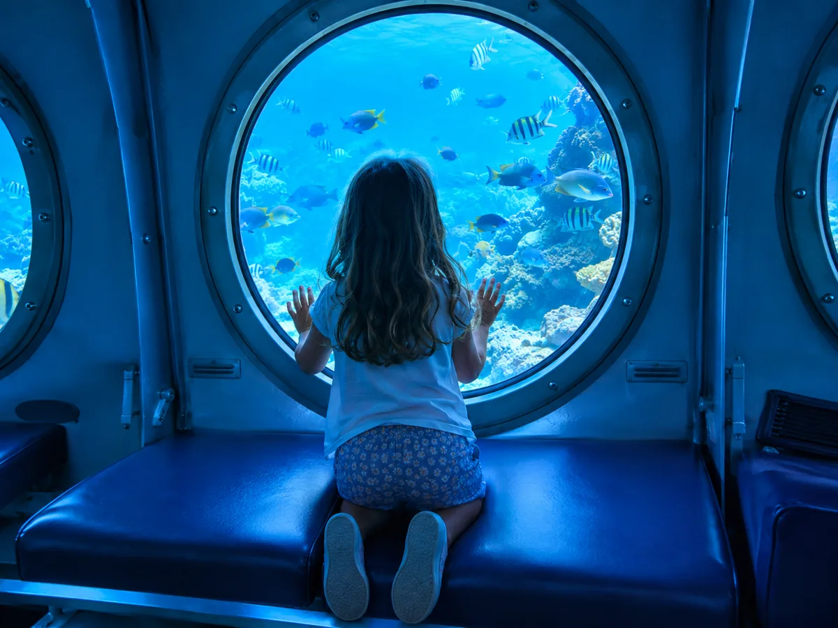 Ein Kind kniet auf einer Bank und schaut durch ein großes rundes Bullauge auf tropische Fische